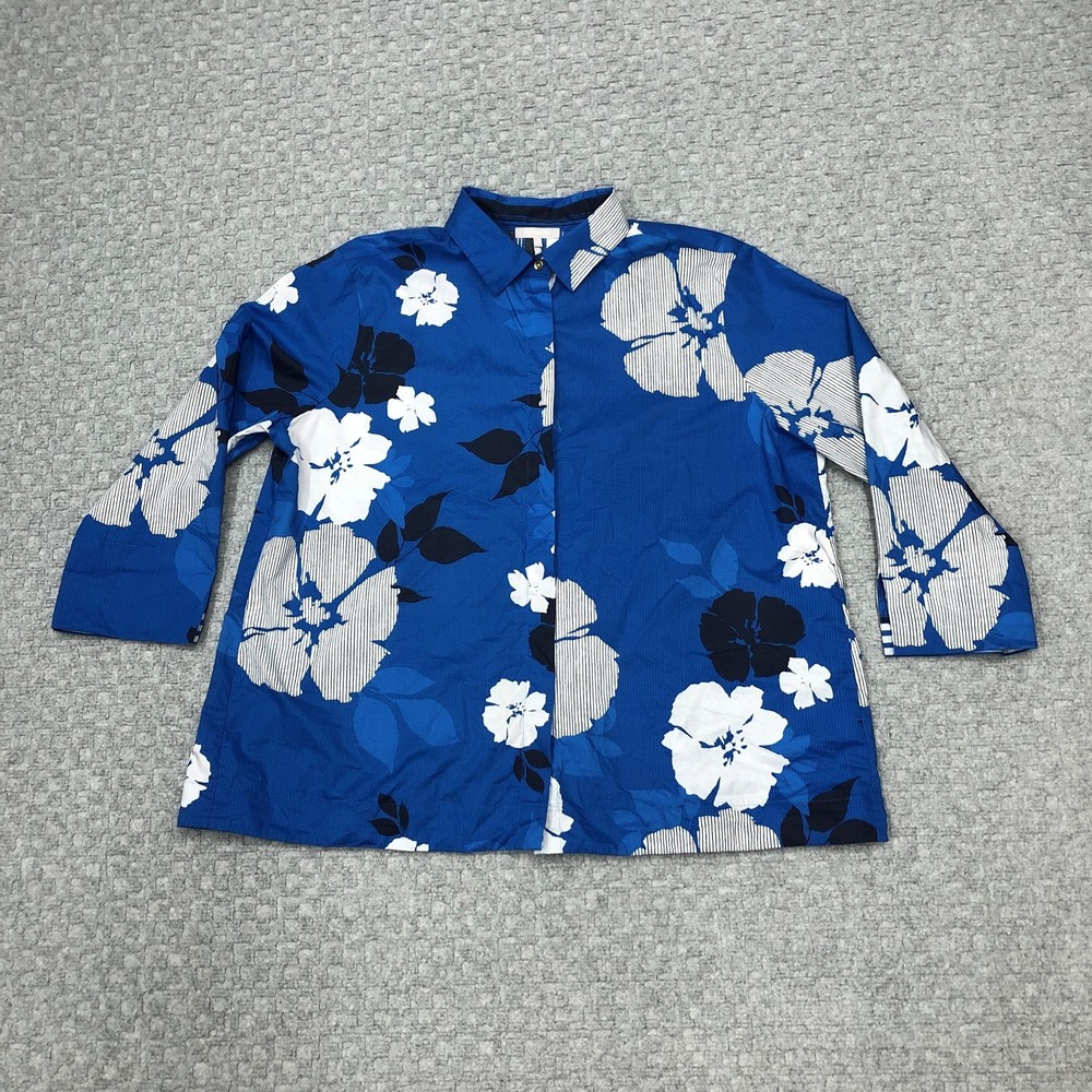 Hinson Wu Shirt Womens XL Blue Floral Tunic 3/4 Sleeve Button Collared Stretch